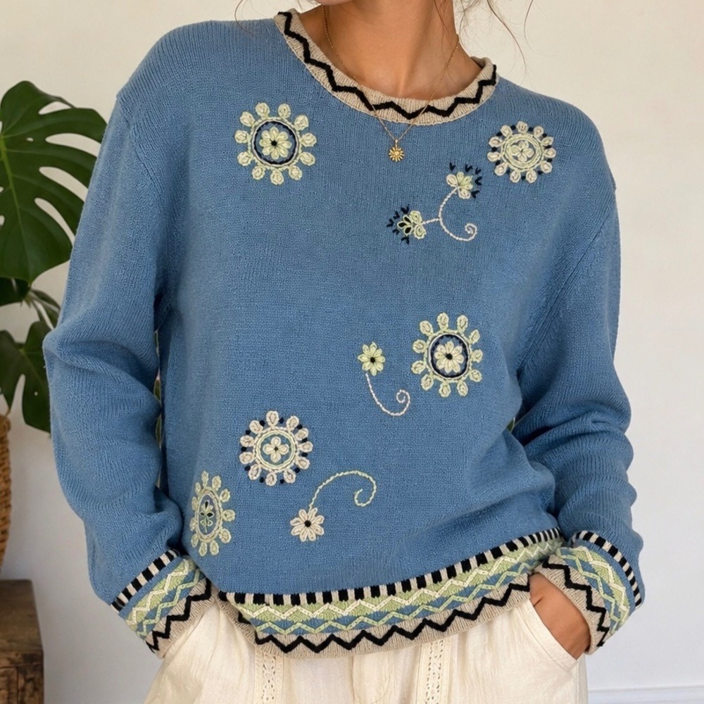 VTG Y2K Monterey Bay Embroidered Sweater Womens S Cottagecore Floral Boho Knit